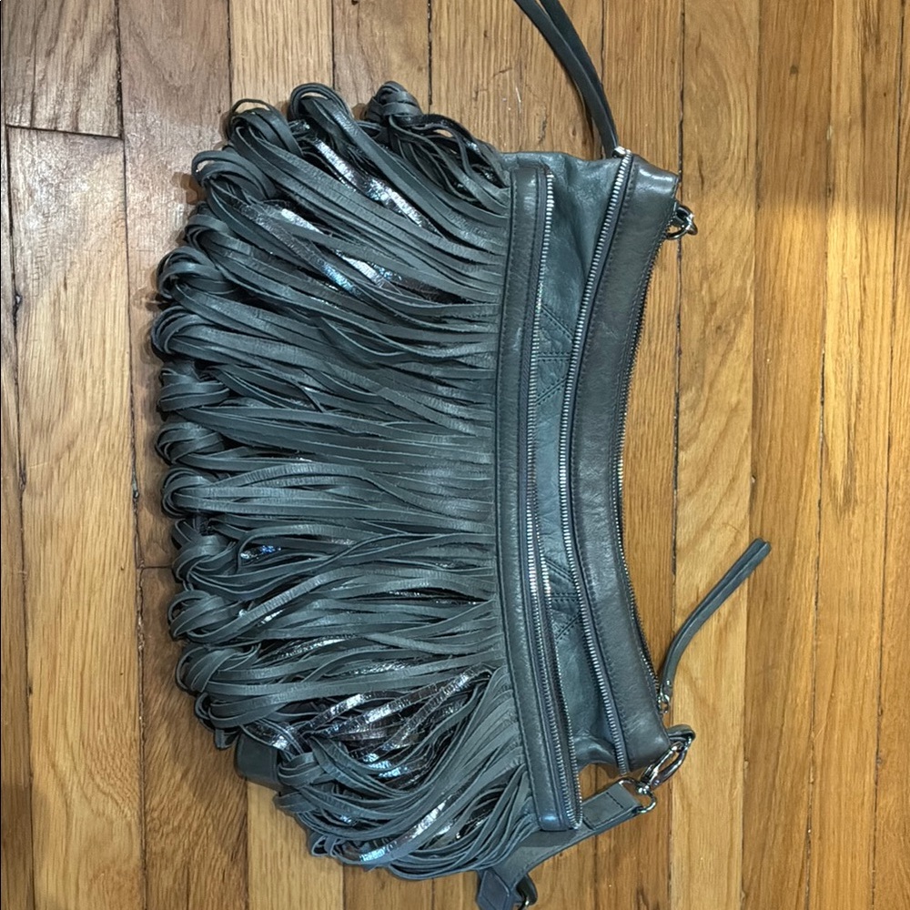 Gray and Green Ruffled Shoulder Bag with Pleated Design